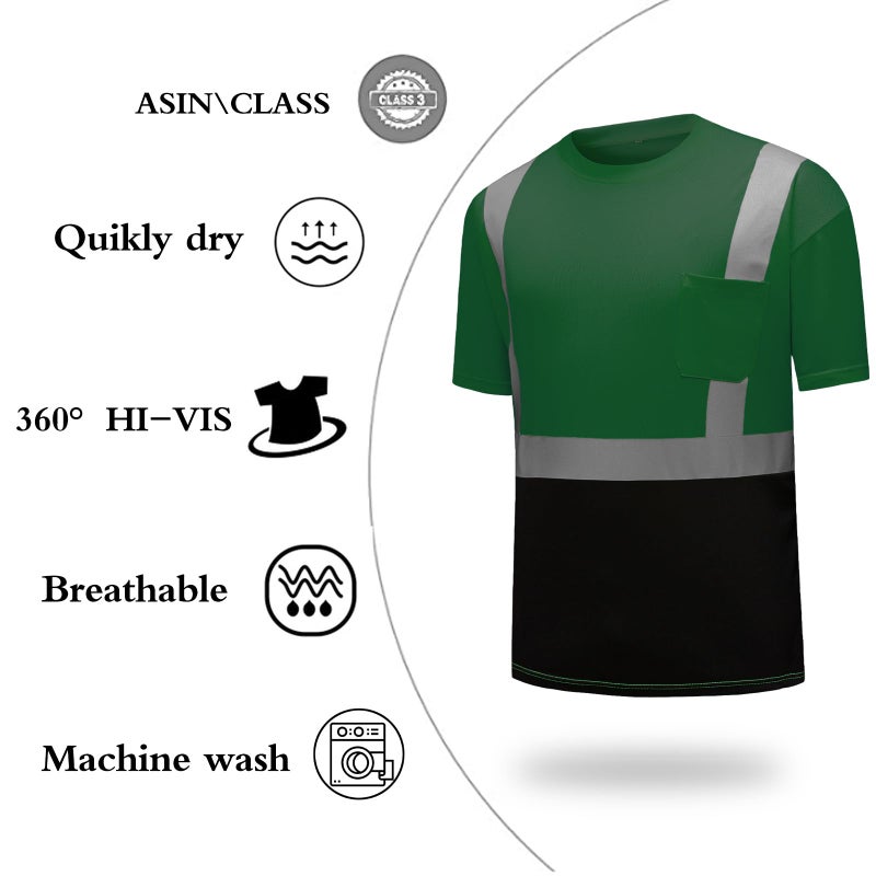 DPSAFETY High Visibility Shirts Quick Dry Safety T Shirts with Reflective Strips and Pocket Short Sleeve Mesh Hi Vis Construction Work Class 2 Shirt for Men/Women Black Bottom Green,Small - Image 4